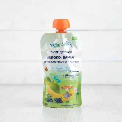 Пюре яблоко, банан, черн.смородина, черника Organic с 6 мес. Fleur Alpine, 120г
