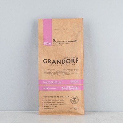 Корм сухой низкозерновой Grandorf, 70% мяса, для котят, ягненок с рисом, 2кг