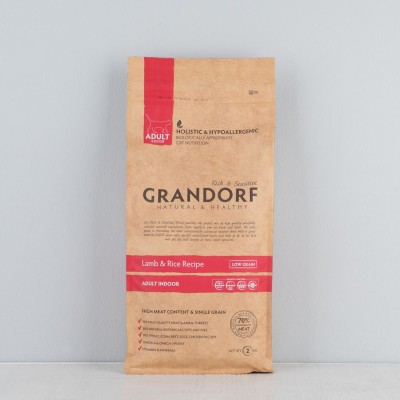 Корм сухой низкозерновой Grandorf, 70% мяса, для домашних кошек, ягненок с рисом, 2кг