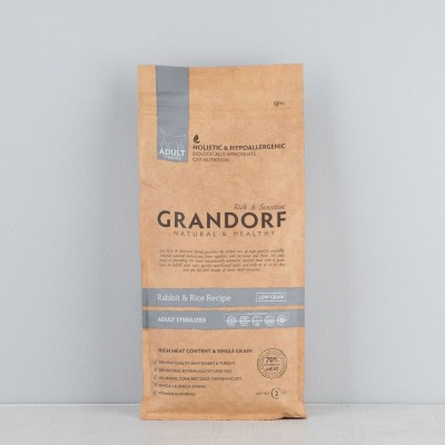Корм сухой низкозерновой Grandorf, 70% мяса, для стерилизованных кошек, кролик с рисом, 2кг