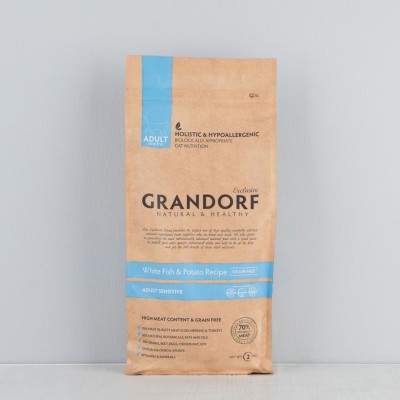 Корм сухой беззерновой Grandorf "Sensetive",70% мяса, для кошек, белая рыба с картофелем, 2кг