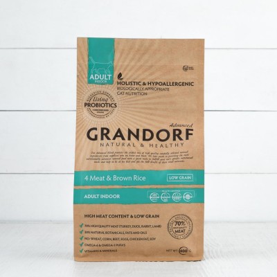 Корм сухой с пробиотиками Grandorf 4 мяса, 70% мяса, для домашних кошек, с бурым рисом, 400г