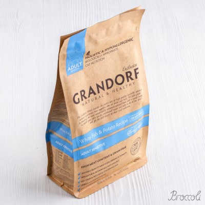 Корм сухой беззерновой Grandorf "Sensetive",70% мяса, для кошек, белая рыба с картофелем, 400г